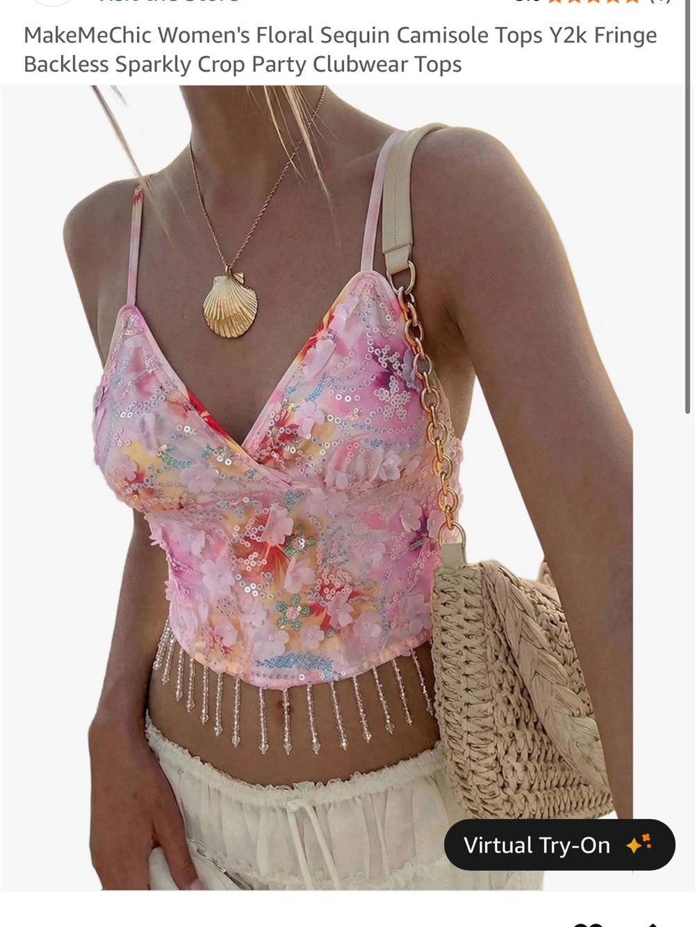 Amazon Pink Floral Sequin Fringe Camisole